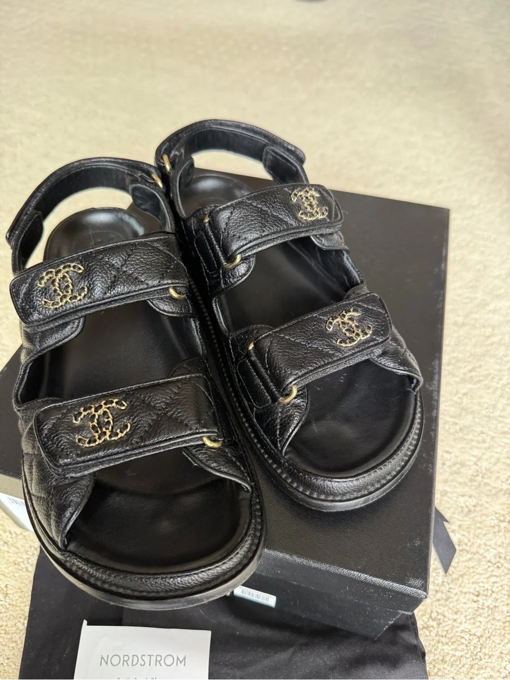 CHANEL Black Quilted Leather Velcro Strap Sandals with Gold CC Logos
